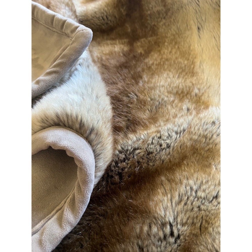 Pottery Barn Faux Fur Plush 50x60 Throw Blanket Brown Tan Striped Vintage 2006